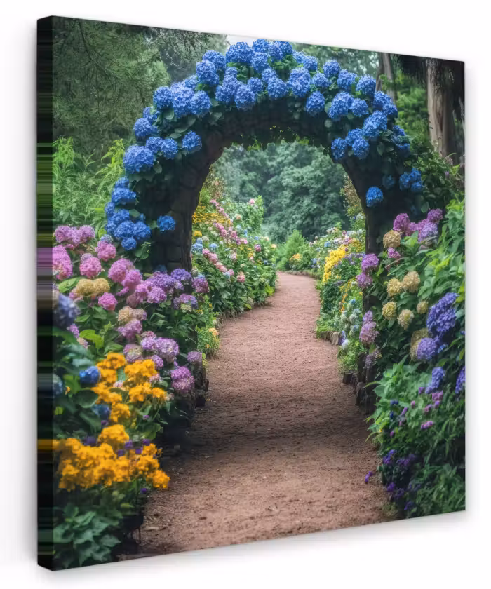 Canvas schilderij - Doorkijk - Bloemen - Hortensia - Pad