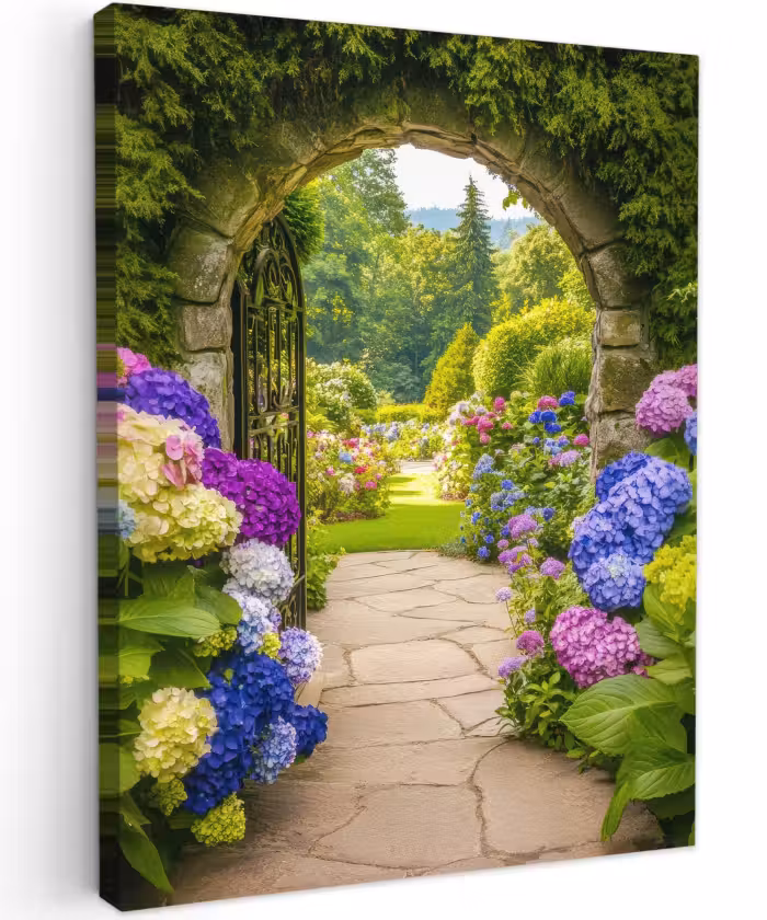 Canvas schilderij - Doorkijk - Poort - Hortensia - Bloementuin