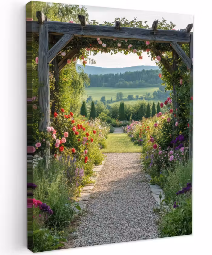 Canvas schilderij - Doorkijk - Landschap - Natuur - Tuinboog - Bloemen