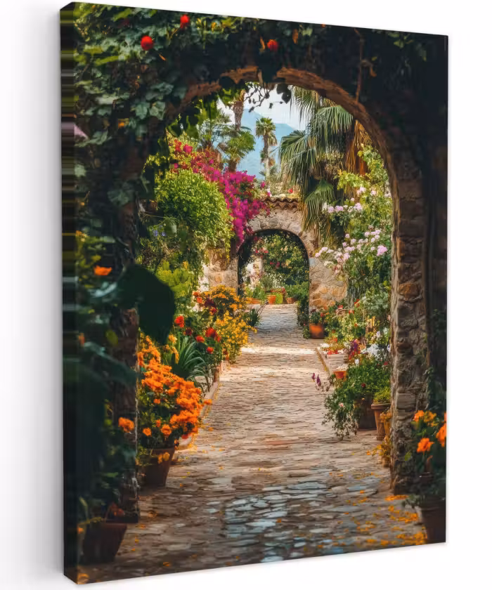 Canvas schilderij - Doorkijk - Bloemen - Poort - Stenen