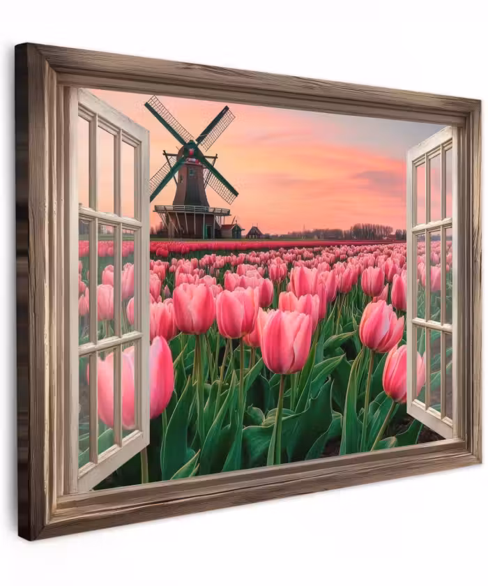 Canvas schilderij - Doorkijk - Tulpen - Bloemen - Molen - Raam