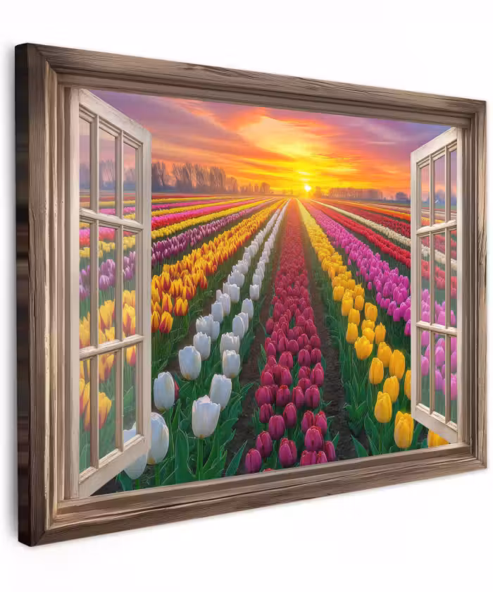 Canvas schilderij - Doorkijk - Bloemen - Tulpen - Kleurrijk - Zonsondergang
