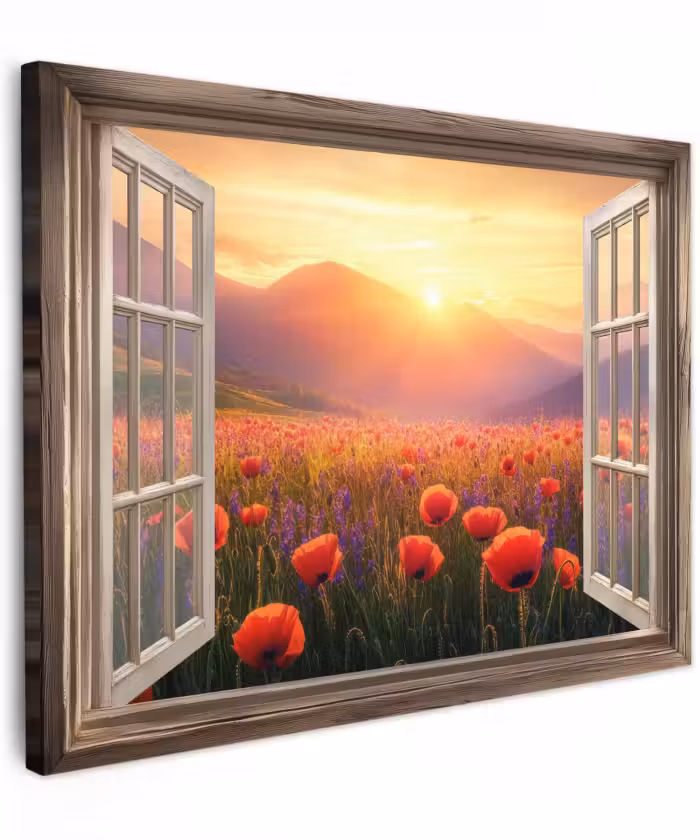 Canvas schilderij - Doorkijk - Klaprozen - Bloemen - Rood - Open raam