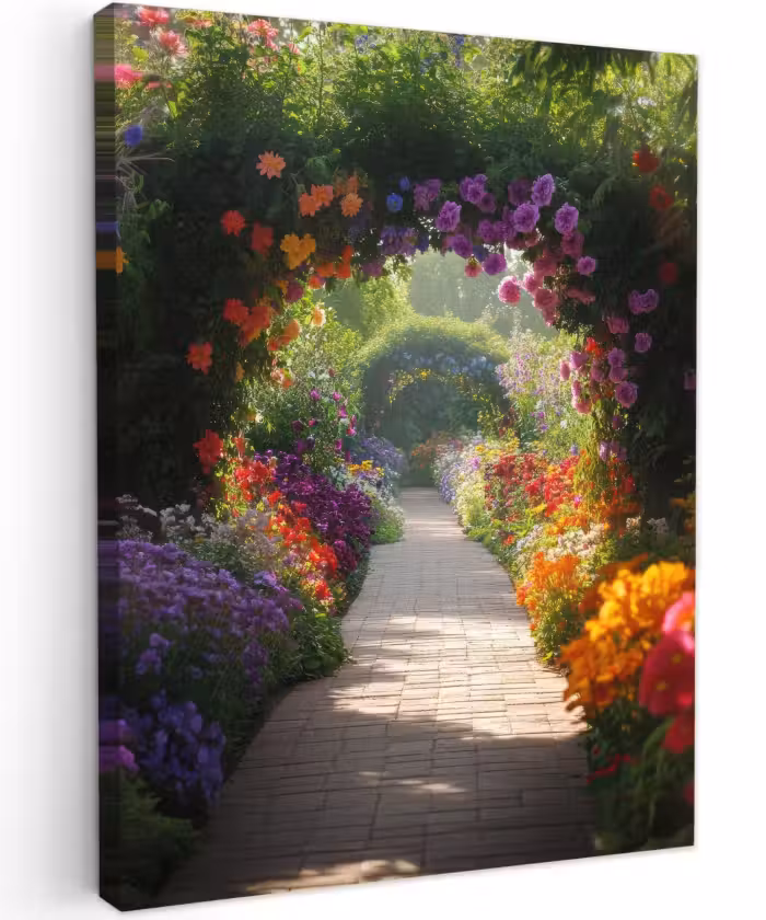 Canvas schilderij - Doorkijk - Pad - Bloemen - Struik - Kleurrijk