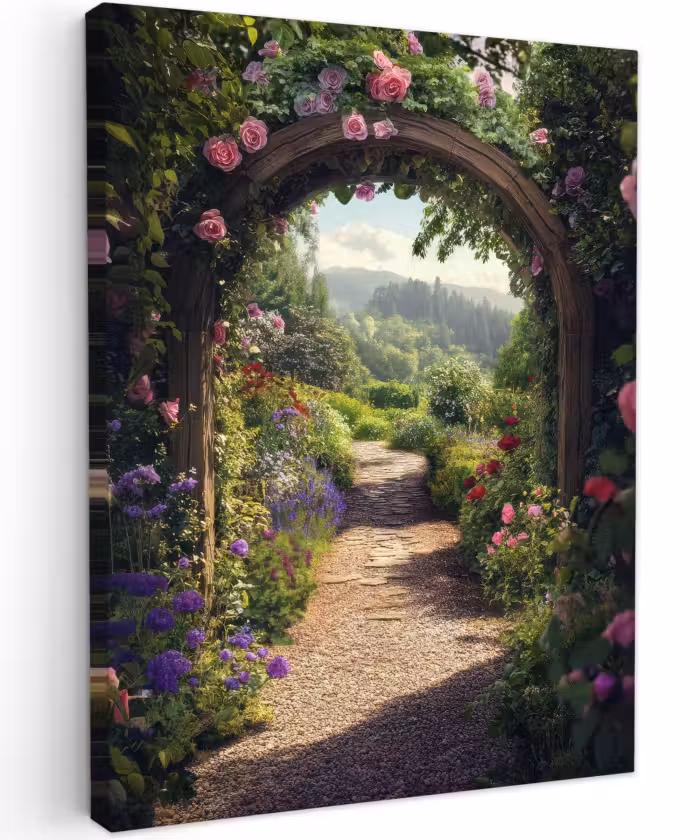 Canvas schilderij - Doorkijk - Landschap - Bloemen - Rozenboog - Natuur